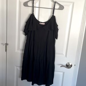 Black Spaghetti Strap Dress with Open Shoulder Frill Sleeves